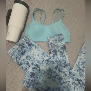 Lululemon Athletica Light Blue Sports Bra and Blue Patterned Leggings